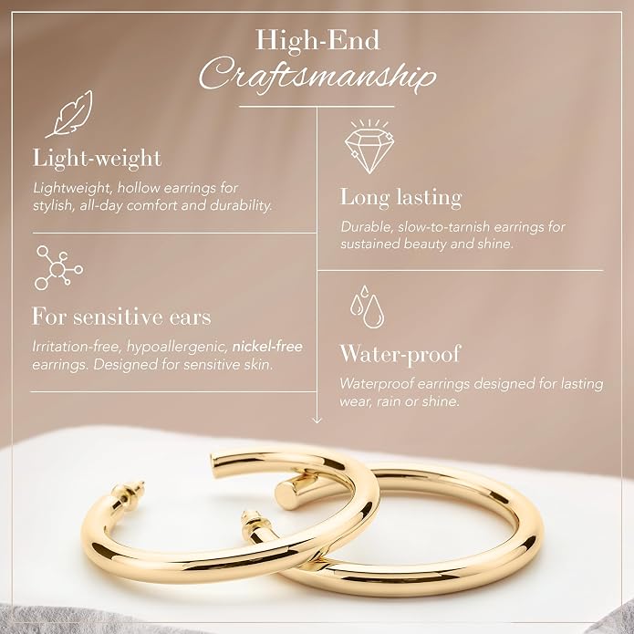 14K Gold-Plated, Lightweight, Open Hoop Earrings For Women