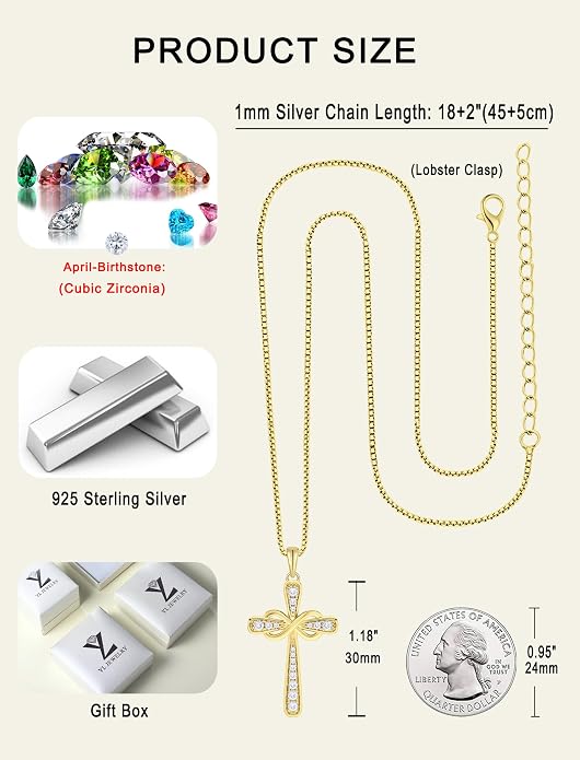 YL 925 Sterling Silver Cross Necklace for Women Halo Infinity Pendant Cubic Zirconia Jewelry for Mom