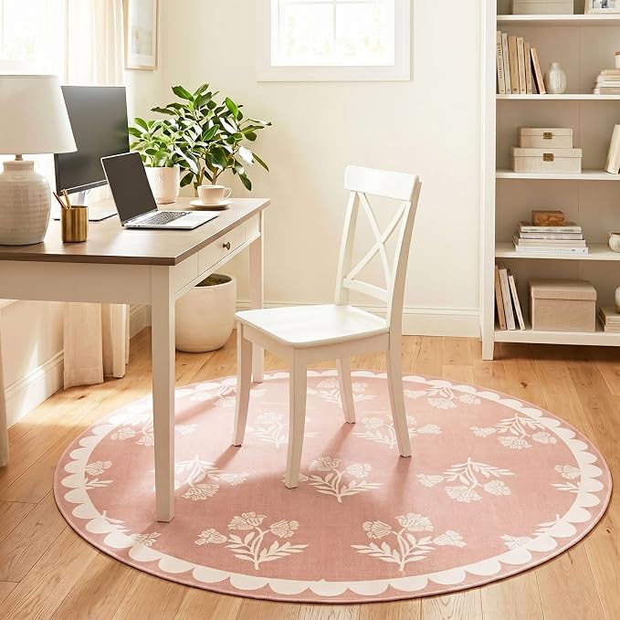 Pink Round Rug 4ft - Soft Washable Boho Floral Round Bedroom Rug Non Slip Stain Resistant Cute Scalloped Circle Area Rugs for Living Room Bathroom Nursery Dining Room Rugs for Under Table