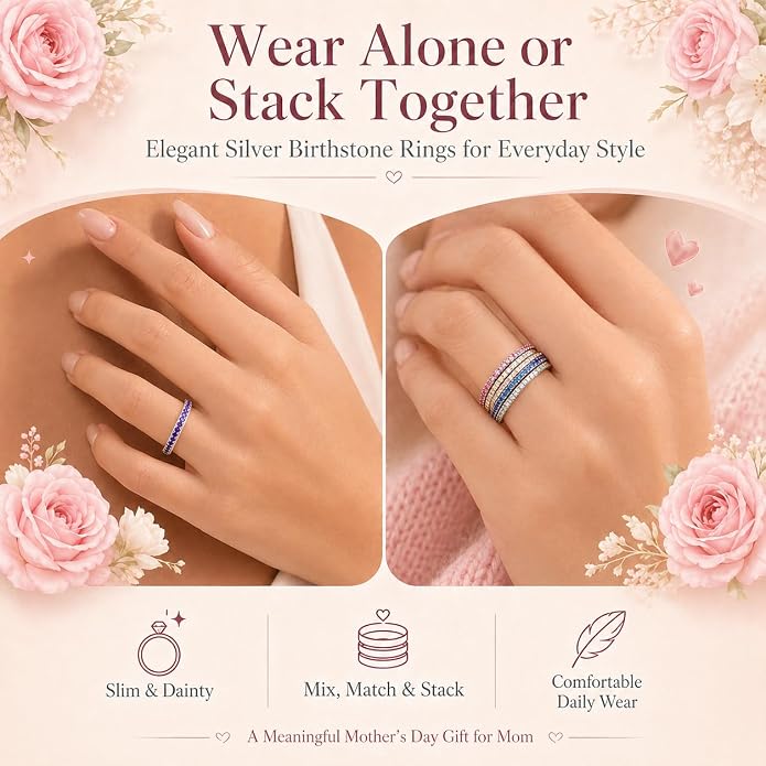 Birthstone Rings For Women, Silver Stackable Cubic Zirconia Stainless Steel Birth Stone Ring To My Daughter/Mom Birthday Unique Gifts Jewelry