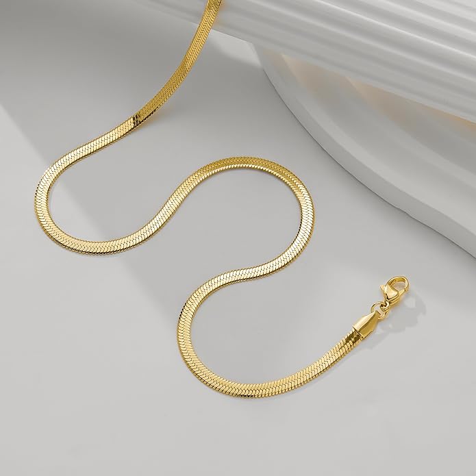 WomenGifts 14K Gold Silver Plated Herringbone Necklace for Women, Dainty Snake Chain Choker, Trendy Simple Long Layered Jewelry Non Tarnish, 3/4/5/8mm,14,16,18,20,22,24,26 Inch Thin & Chunky Options