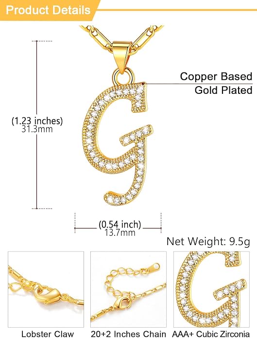 U7 Initial Necklace for Women, Gold/Platinum Plated CZ Crystal Letter A-Z Pendant Necklace, Shiny 20 Inch Name Chain Dainty Personalized Jewelry for Men Mom Wife Friend