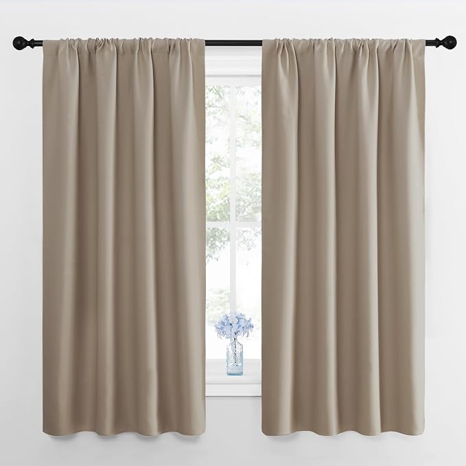 NICETOWN Window Curtains for Bedroom, Taupe, 2 Panels, W42 x L48 -Inch, Home Decoration Thermal Insulated Rod Pocket Blackout Blinds & Drapes for Small Windows