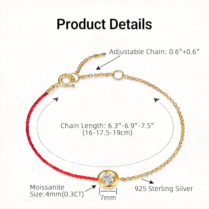 MISS mimi 18K Gold Plated Moissanite Bracelet for Women, 925 Sterling Silver Bezel Set Dainty Cord Jewelry, Adjustable Layering Friendship Gift