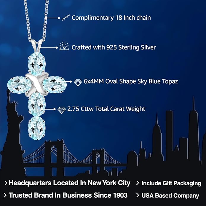 Gem Stone King Cross Pendant Necklace for Women | 925 Sterling Silver | 6X4MM Gemstone Birthstone | Jesus Christian Religious Crucifix Jewelry Gifts | 18 Inch Chain
