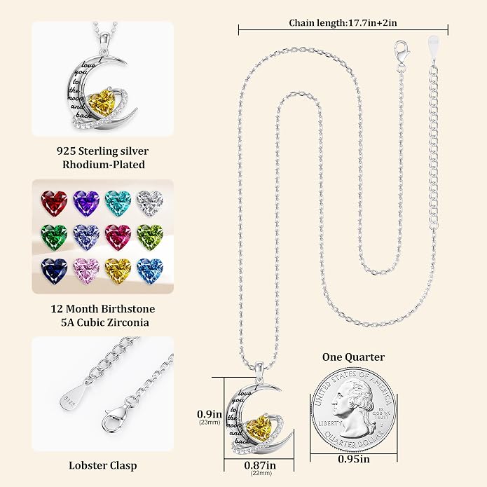 Distance I Love You to The Moon and Back Necklace for Women, S925 Sterling Silver Forever Love Heart Birthstone Necklace, Anniversary Birthday Jewelry for Wife Lover