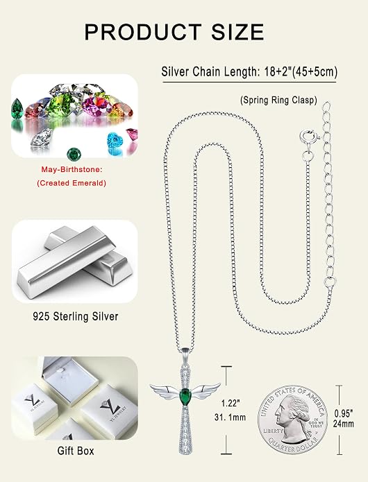 YL Cross Necklace 925 Sterling Silver Angel Wings Pendant Teardrop Birthstone Criss Jewelry for Women