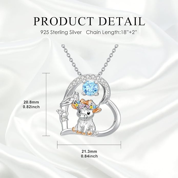 Highland Cow Gifts for Women 925 Sterling Silver Highland Cow Birthstone Necklace Fluffy Cow Jewelry Gifts Birthday Christmas