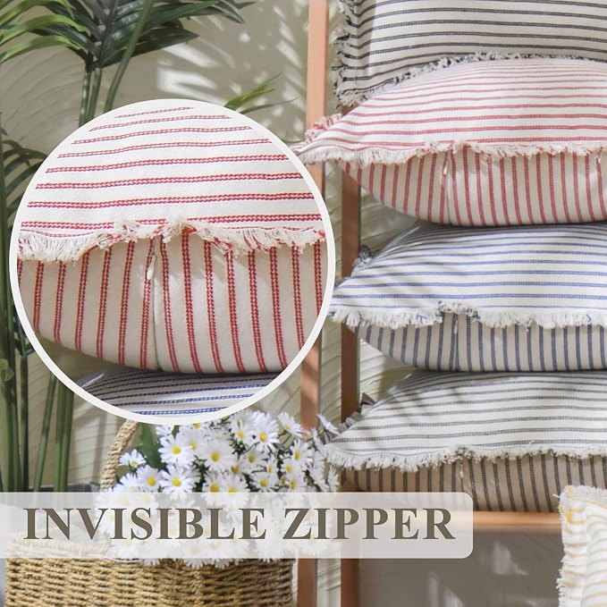 ZWJD Throw Pillow Covers 20x20 Set of 2 Striped Pillow Covers with Fringe Chic Cotton Decorative Pillows Square Cushion Covers for Sofa Couch Bed Living Room Farmhouse Decor, (Gray)
