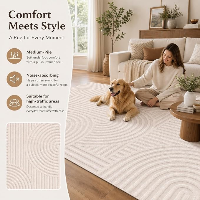 Ciicool 6x9 Large Area Rug for Living Room,Beige Washable High-Low Pile | Modern Textured Soft Fluffy Non Slip Carpet Non Shedding Geometric for Kids Bedside Bedroom Dining Room Office Indoor Decor