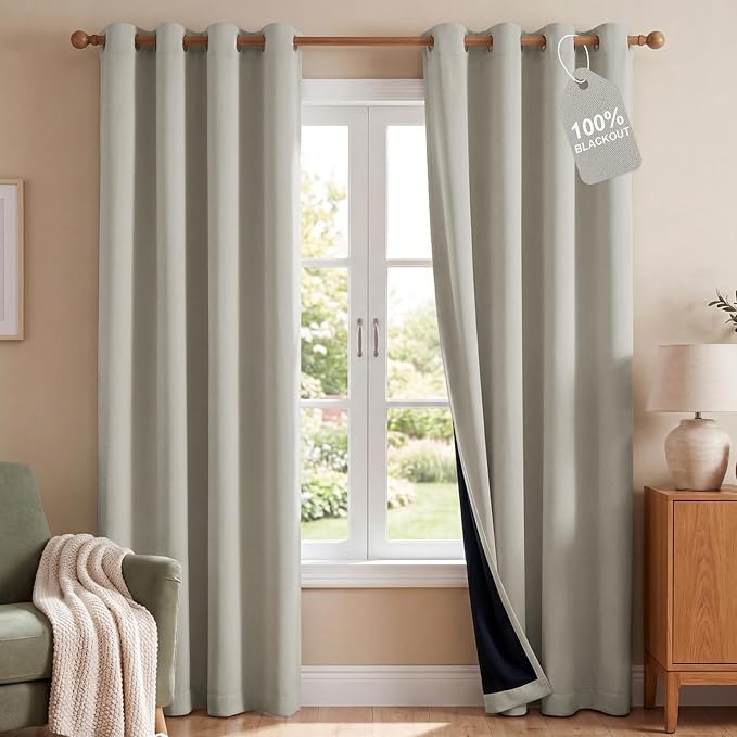 NICETOWN 100% Blackout Curtain Panels 84 inch Long for Living Room, Bone White, 2 Panels, Thermal Insulated Farmhouse Blackout Window Drapes for Bedroom
