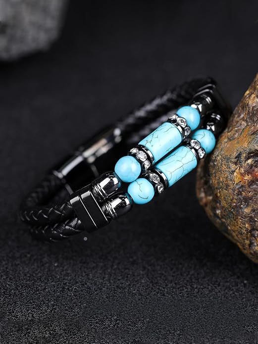 Mens Leather Turquoise/Tiger Eye/Obsidian/Lava Stone Bracelet–Braided Multi‑Layer Wristband Cuff Bangle Barcelet–Jewelry Box and Pouch Packing