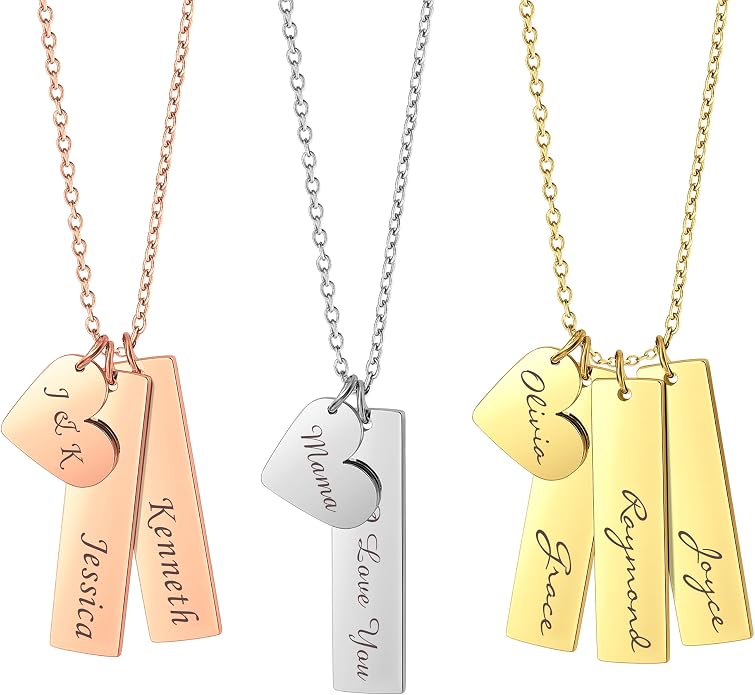 Anavia Personalized Name Date Initial Bar Necklace, Customized Heart & Vertical Bar Pendant Necklace for Mom Friendship Family, Love Connection Handmade Jewelry Gift