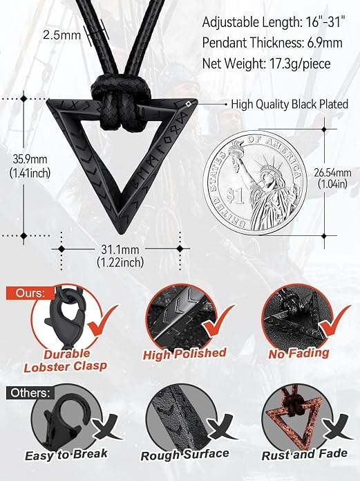 FaithHeart Norse Runes Triangle Learther Chain and Runes Round Leather Necklace