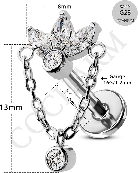 COCHARM G23 Titanium Hanging Helix Earring 16g Flat Back Flower Top Helix Piercing Jewelry 6mm Hypoallergenic Dangly Cartilage Jewelry
