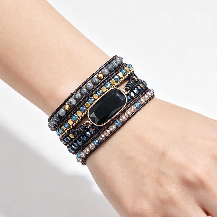 Plumiss Women Boho Handmade Natural Stone Crystal Leather Bead Wrap Bracelets Collection