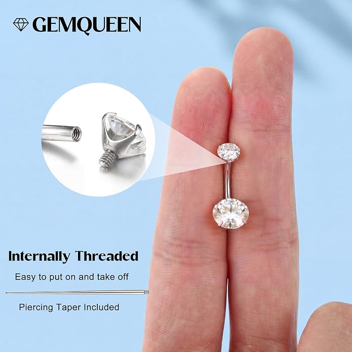 GEMQUEEN Moissanite ＆ G23 TItanium Belly Button Ring 18K Gold Plated Hypoallergenic Internally Threaded Belly Rings 14G Navel Piercing Jewelry For Women Men D Color VVS1 Clarity Brilliant Cut