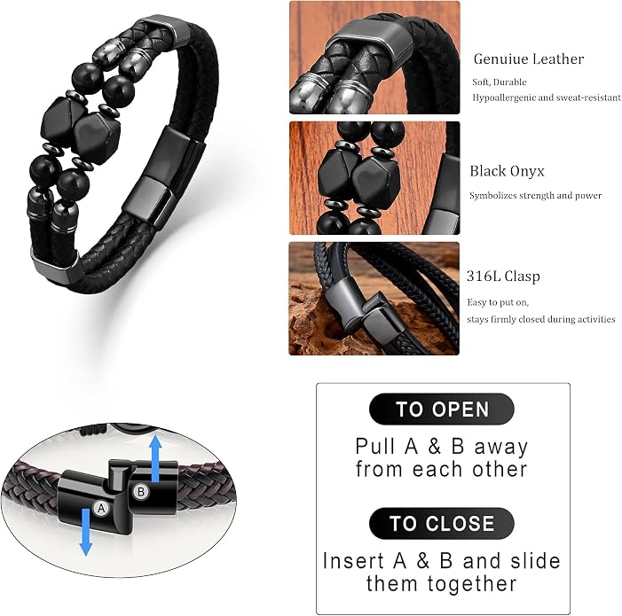 Mens Turquoise/Lapis Lazuli/Tiger Eye/Black Agate/Obsidian Leather Braided Bracelets for Father's Day/Birthdays/Graduation Jewelry Wristband Cuff Bracelet with Stainless Steel Clasp