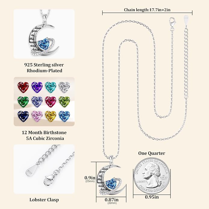 Distance I Love You to The Moon and Back Necklace for Women, S925 Sterling Silver Forever Love Heart Birthstone Necklace, Anniversary Birthday Jewelry for Wife Lover