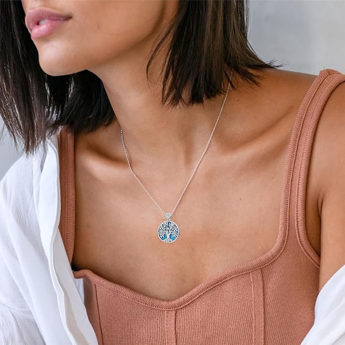Tree of Life Moissanite Necklace, 925 Sterling Silver 0.5 Carat Moissanite Abalone Shell/Opal/Black Onyx/Turquoise/Malachite/Tiger Eye Stone Tree of Life Pendant Necklaces Jewelry Gift for Women Mom