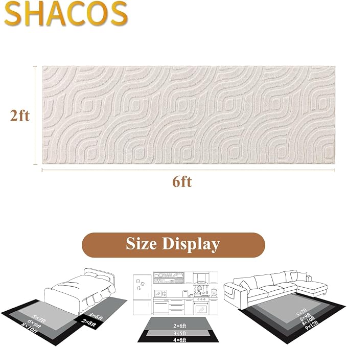 SHACOS 2x6 Runner Rugs for Bedroom Beige Solid Color Fluffy Rug for Living Room Non Slip Washable Indoor Mat Floor Carpet for Hallway Entryway Kitchen Bathroom, High-Low Pile Boho Modern Rug