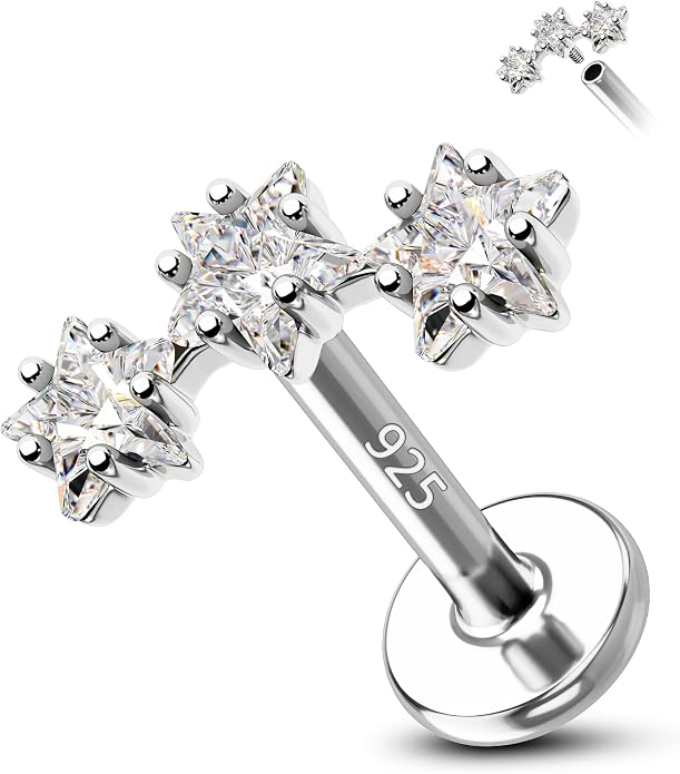 COCHARM 925 Sterling Silver Flat Cartilage Earrings Stud 16g 6mm 8mm 10mm Flat Back Helix Piercing Jewelry Star Tragus Earring Silver Climb Conch Jewelry Hypoallergenic Conch Earrings for Women Man