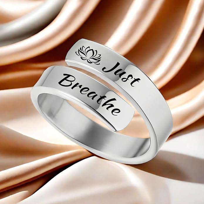 HUASAI Just Breathe Hope Rings for Women Adjustable Tarnish Resistant Stainless Steel Inspirational Jewelry Gifts