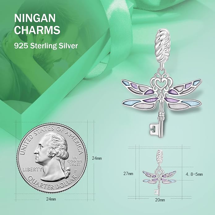 NINGAN 925 Sterling Silver Charm Golden Love Charm Buckle Safety Chain Travel Bead Firefly Dragonfly Pendant, Suitable for Women Bracelet and Necklace as Gift from Mom and Friends