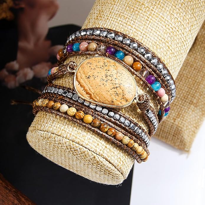 Women Wrap Bracelet Boho Natural Jasper Crystal Stone Beads Strand Bracelets