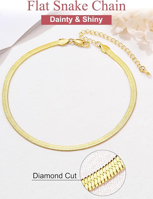 FOCALOOK 14K Gold Plated Necklaces for Women, Fashion Herringbone Choker Necklace Stainless Steel Flat Snake Chain 3/5MM(W) 12.5"/15"/18"+3.5"(L)