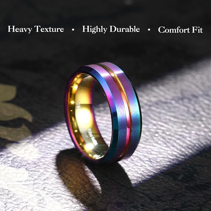 King Will Mens 8mm Rose Gold Groove/Gold Loop/Black Cross Groove Tungsten Carbide Wedding Ring Line Flat Pipe Cut Brushed Polished Comfort Fit 7-14