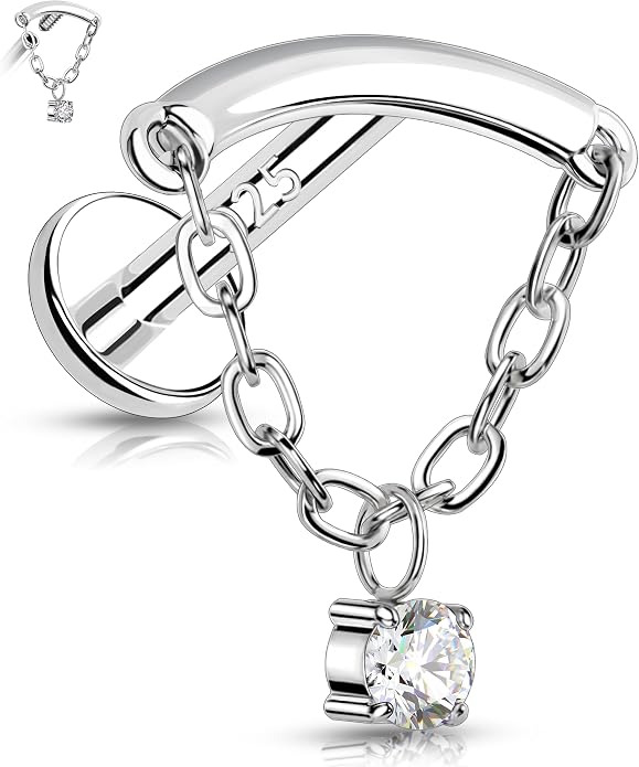 Melighting Sterling Silver 925 16G Cartilage Earring Internally Threaded Helix Earring Chain 16G Dangle 6/8 mm Tragus Piercing Jewelry Clear CZ Flat Back Earring