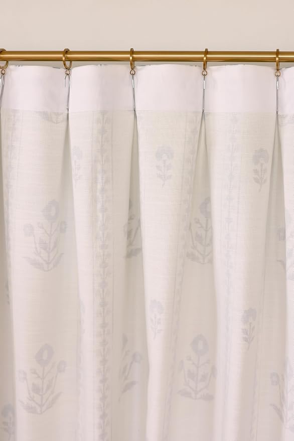 DrapePalette - Linen Blend Pinch Pleated Curtains 102 Inches Long for Living Room, Bedroom, Dining Room, Light Filtering Curtains 1 Panel Set, Modern Floral Printed Design, Antique White 52" W x 102"L