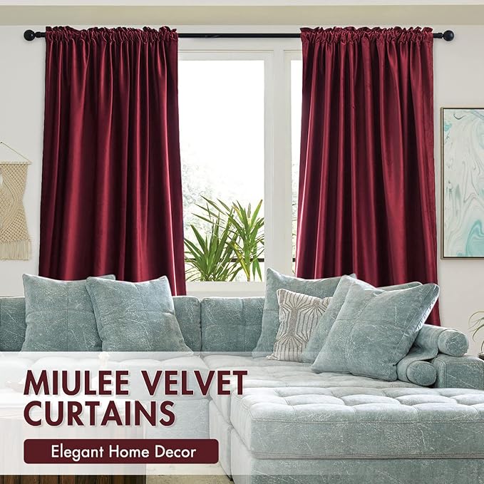 MIULEE Burgundy Red Blackout Velvet Curtains Drapes 84 Inch Long 52"x84" | Luxurious Bedroom Living Room Decor, Room Darkening, Thermal Insulated, Rod Pocket Design, Super Soft Fabric