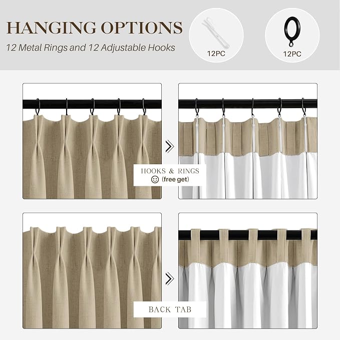 IVAPUPU Sand Pinch Pleated Full Blackout Linen Curtains for Bedroom, Black Out Curtains 95 Inches 1 Panel for Living Room Darkening Thermal Insulated Neutral Pleat Drapes with 12 Hooks, 60''Wx95''L
