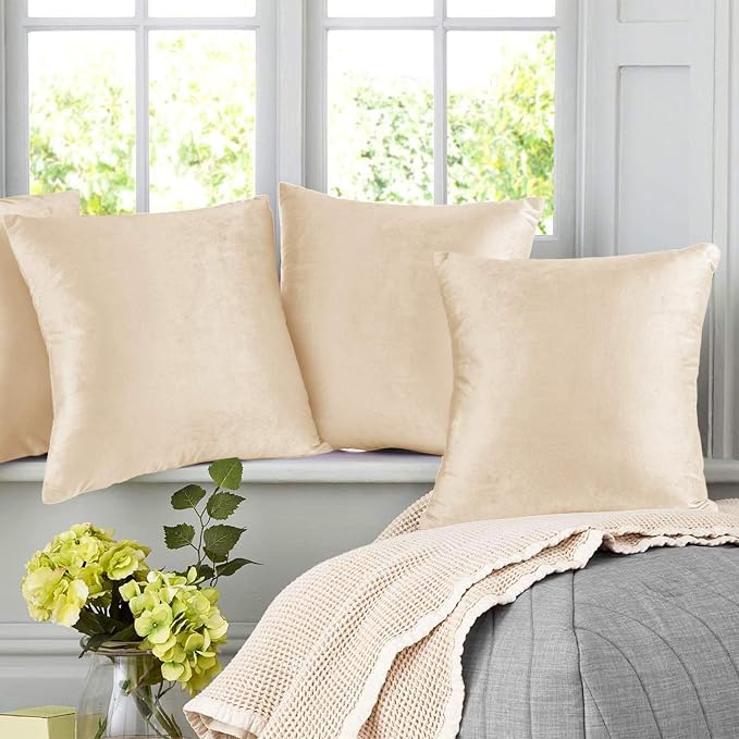 Nestl Throw Pillow Covers, Cozy Velvet Decorative Pillow Covers 12x20 Inches, Soft Solid Couch Pillow Covers for Sofa, Bed and Car, Set of 4 - Beige Cream