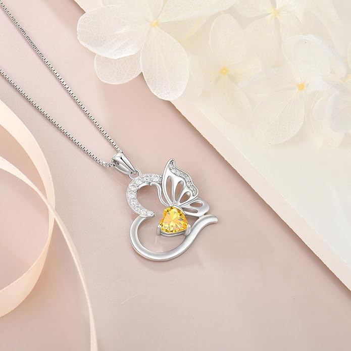 Butterfly Necklace for Women 925 Sterling Silver Heart Pendant Birthstones Jewelry Gift