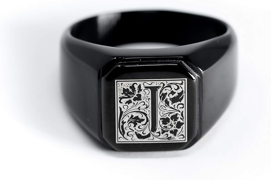 Jewelry | Stainless Steel Letter Alphabet Initial Ring | Square Flat Top Ring for Men & Women | Stainless Steel Jewelry, (Black, Gold, Silver), Size 7-16