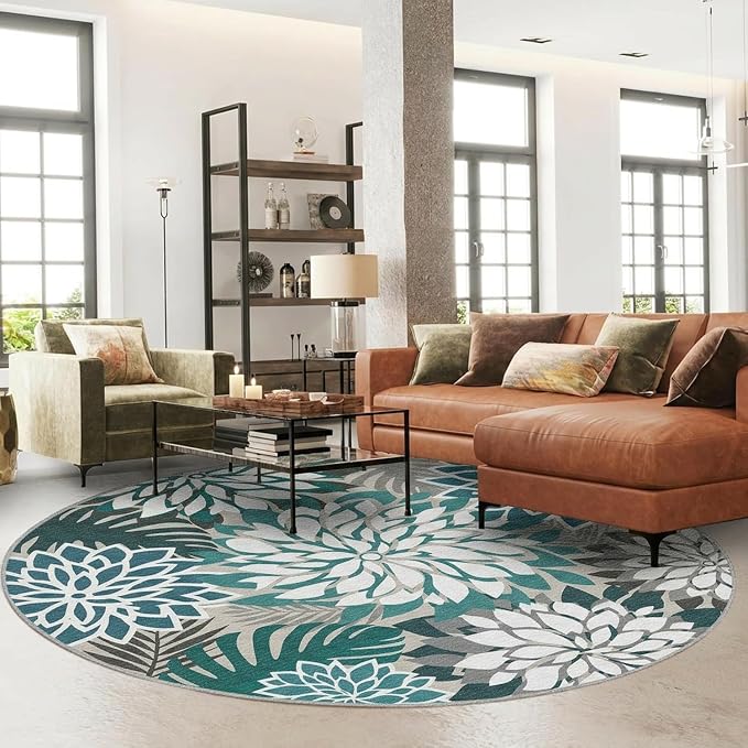 Colorful 6FT Outdoor Round Area Rug Washable Rugs Multicolored Patio Rug Tropical Botanical Floral Chenille Waterproof Outdoor Carpet for RV, Pool Deck, Backyard, Porch, Teal