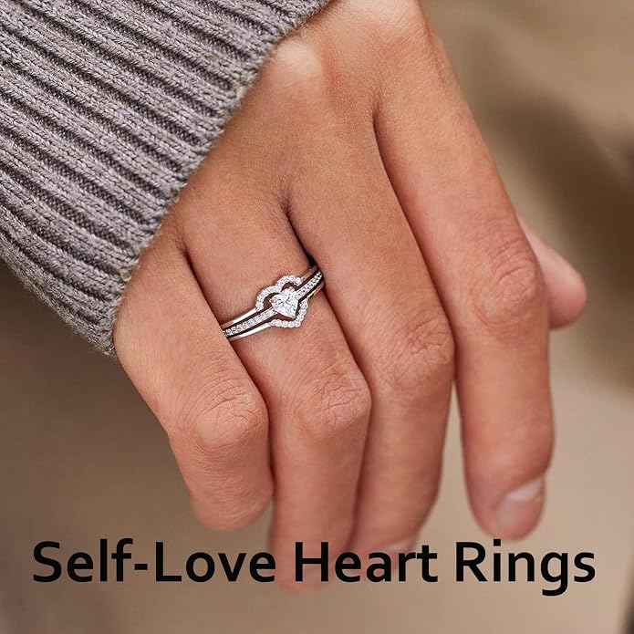 I Choose Me Layered Heart Rings, S925 Self-Love Heart Rings Remind You That Self-Love Is The Best Kind Of Love Inspirational Encouraged Ring Jewelry Gift for Women Daughters