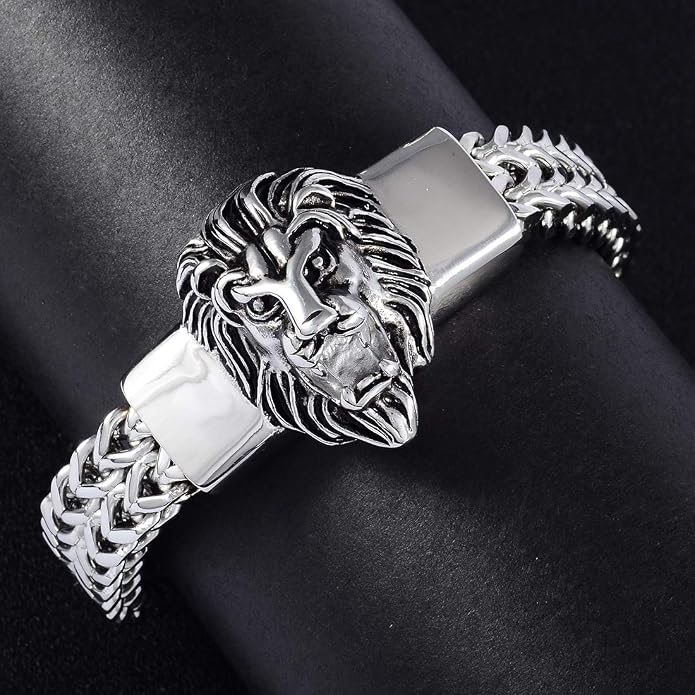 Mens Bracelet Stainless Steel Heavy 12mm Double Franco Chain Lion Head Bracelet Jewelry Men Biker…