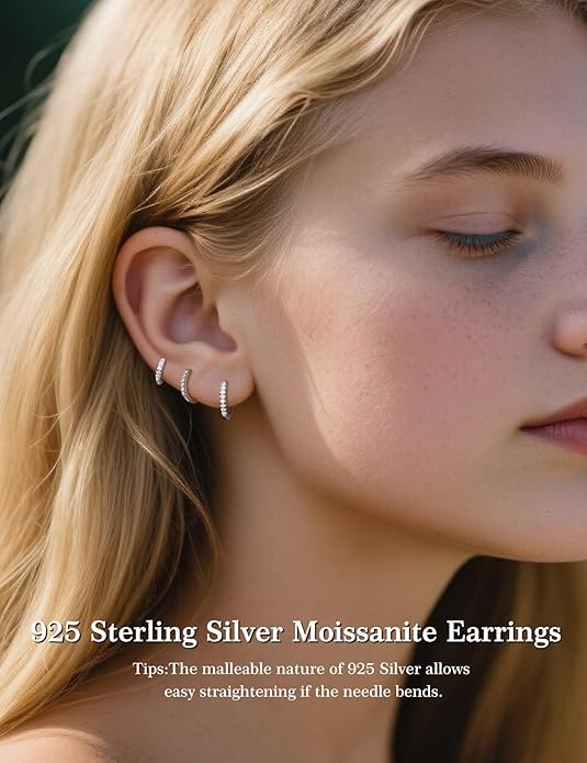 3 Pairs Small Huggie Hoop Moissanite Earrings for Women Men, Hypoallergenic 925 Sterling Silver Cartilage Earrings, Gifts Jewelry Set