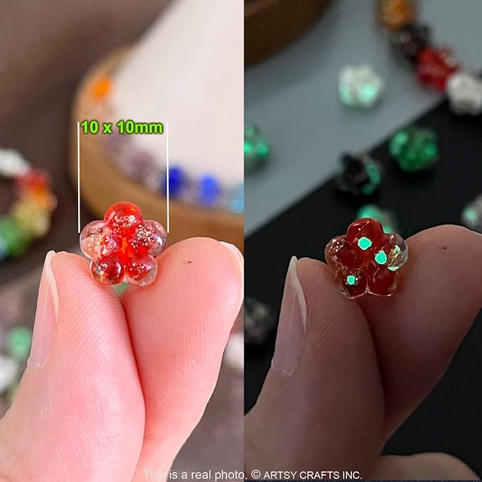 Artsy Crafts 30 Pcs Assorted Glow in The Dark Firefly Beads 10mm European Lampwork Luminous Glass Beads for Jewelry Making Charm Bracelet Necklace Earrings Crafts (Flower - Mix)