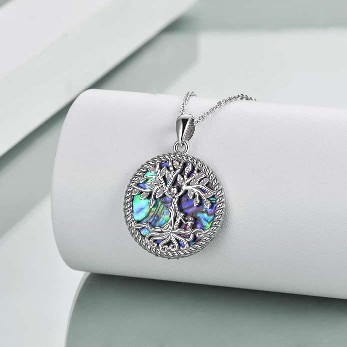 ONEFINITY Tree of Life Necklace for Women Sterling Silver Abalone Shell Crystal Tree of Life Pendant Necklace Family Tree Jewelry for Mom Daughter Sister Girls Christmas Gifts
