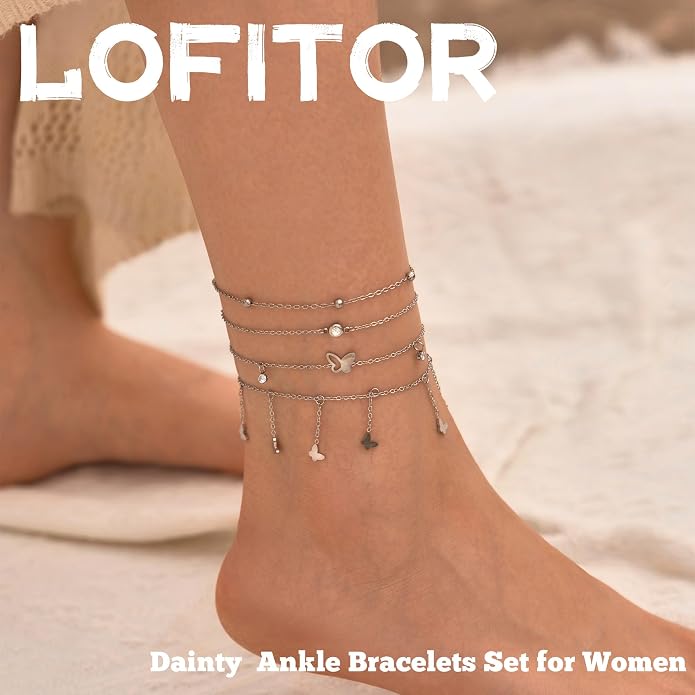 LOFITOR Ankle Bracelets for Women Glitter Waterproof Adjustable Anklet Set for Women 18K Gold Plated Silver Charm Dainty Layered Anklets, Summer Beach Anklet Jewelry for Women