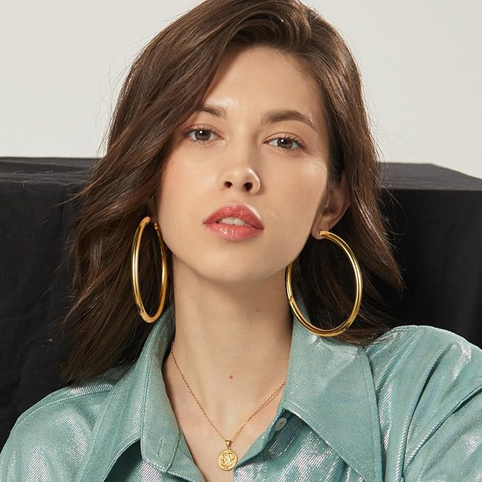 Stainless Steel Chunky Hoop Earrings For Women, Minimalist and Chic, Black/Gold Plated, Round Hoops Earrings Hypoallergenic, Size: 30mm/40mm/60mm/80mm, Come with Box