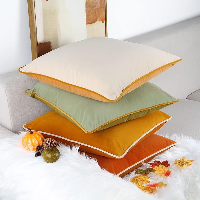 8-Colors Velvet Throw Pillow Covers 22x22 Inch Set of 4 Decorative Velour Pillowcases Modern Double-Colored Cushion Covers for Sofa Couch,Green/Yellow