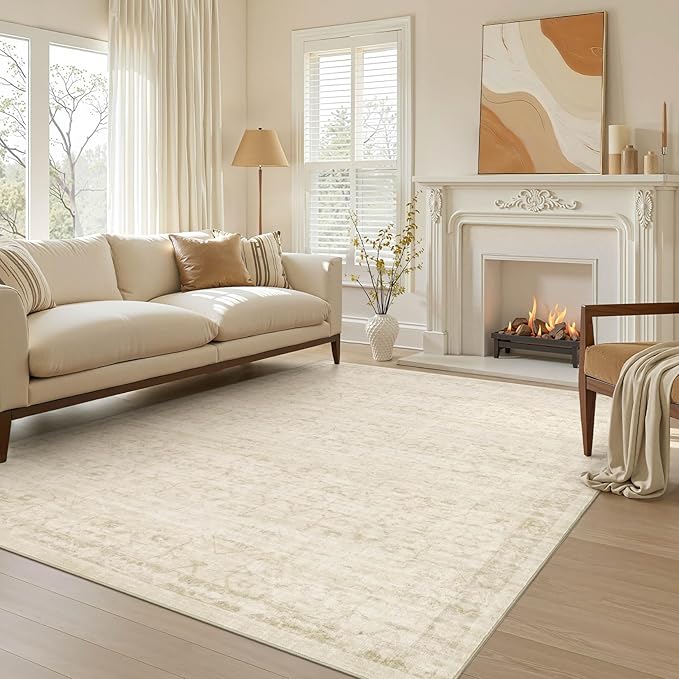 Nakagishi 6X9 Area Rugs Living Room: Washable Large Vintage Rug Neutral Non-Slip Soft Stain Resistant Indoor Carpet for Bedroom Nursery Dining Room Office Playroom - Vintage Beige