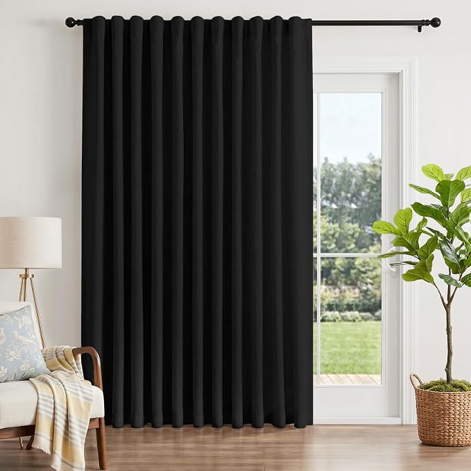 INOVADAY 100% Blackout Sliding Door Curtains, Extra Wide Curtains for Sliding Glass Doors, Back Tab/Rod Pocket Sliding Glass Door Curtains, Thermal Insulated Window Drapes - Black, W102 X L96