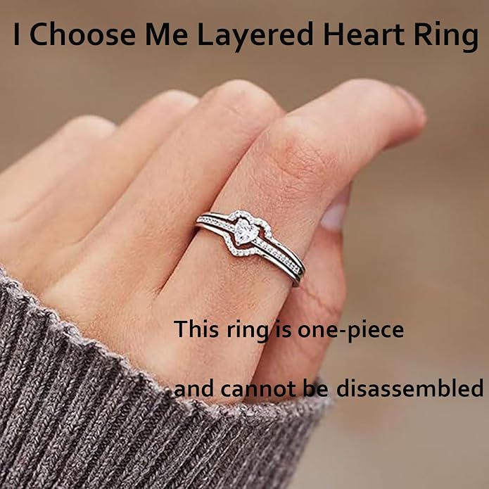 I Choose Me Layered Heart Rings, S925 Self-Love Heart Rings Remind You That Self-Love Is The Best Kind Of Love Inspirational Encouraged Ring Jewelry Gift for Women Daughters
